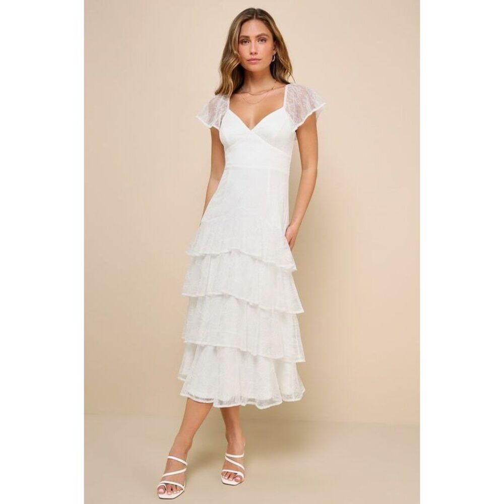 Lulus Graceful Darling White Lace Flutter Sleeve Tiered Midi Dress - Size L